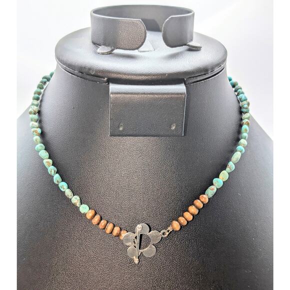 Turquoise Wood Bead Silver Tone Flower Toggle 15" Choker Necklace - Picture 1 of 6